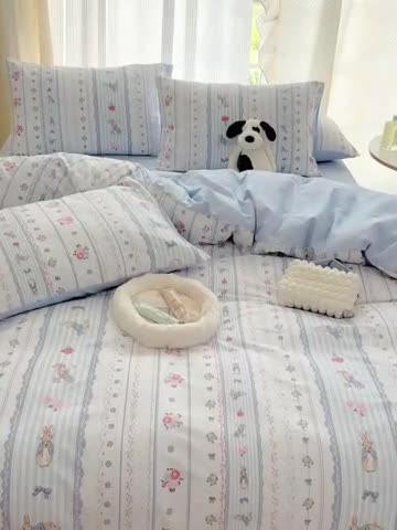 91家纺网 家纺一手货源 找家纺 三朵 2023新款全棉印花小清新系列四件套 彼得兔