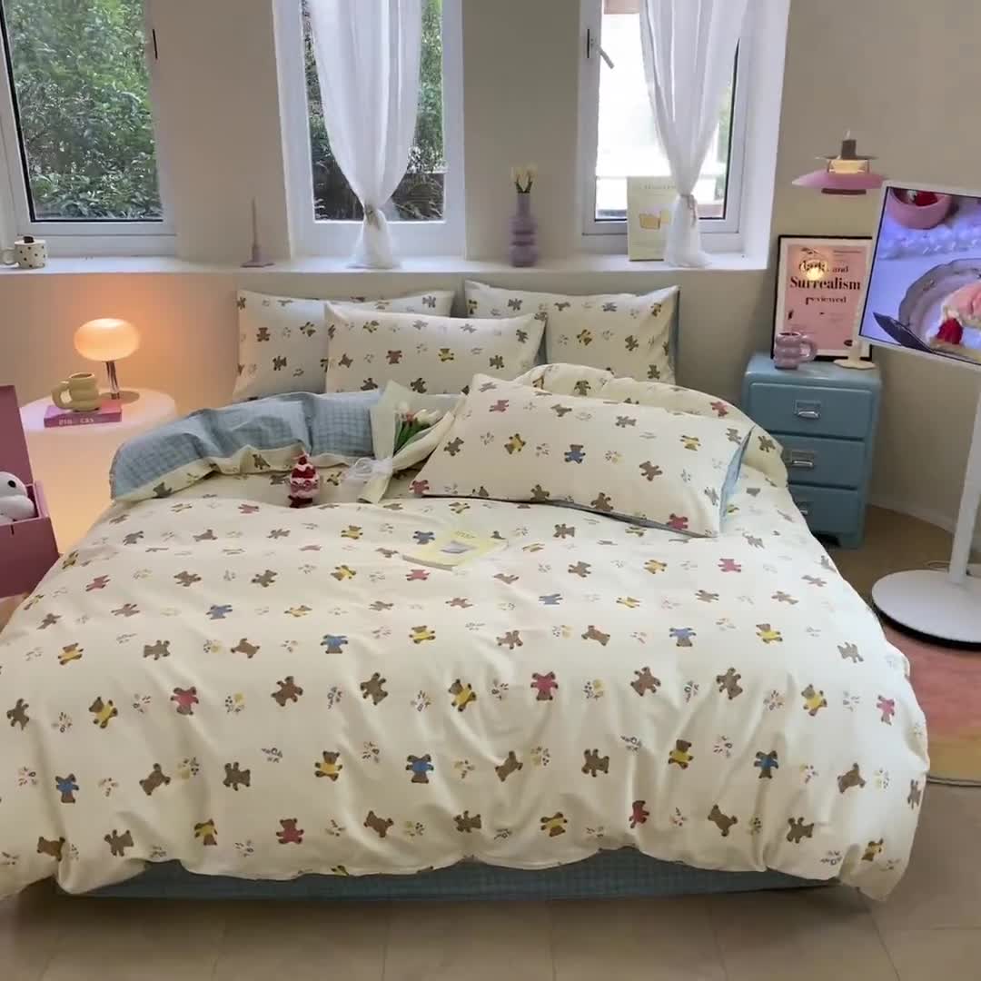 91家纺网 家纺一手货源 找家纺 桃子 2023新款ins小清新碎花卡通纯棉系列四件套 棉-饼干熊