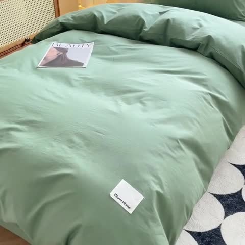 91家纺网 家纺一手货源 找家纺 蓝邻 2023新款学生季全棉色织水洗棉三件套四件套 时尚绿