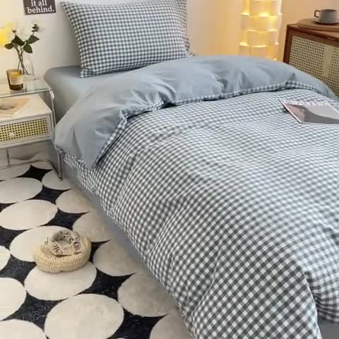 91家纺网 家纺一手货源 找家纺 蓝邻 2023新款学生季全棉色织水洗棉三件套四件套 海兰小格