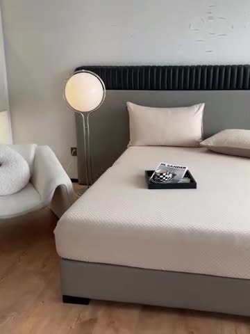 91家纺网 家纺一手货源 找家纺 琪格格纺织 2023新款60支长绒棉小方格提花单品床笠和枕套 杏仁