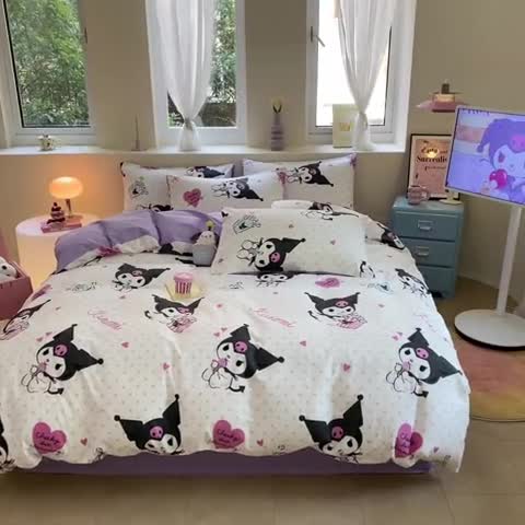 91家纺网 家纺一手货源 找家纺 金爱家 2023新款三丽鸥正版授权纯棉印花系列四件套 甜筒库洛米