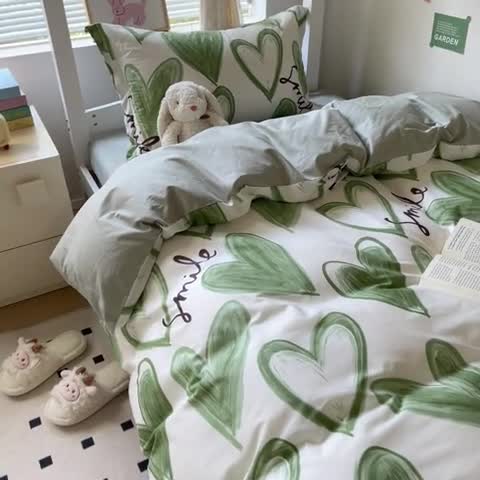 91家纺网 家纺一手货源 找家纺 金鑫汇 2023新款全棉宿舍印花三件套 抹茶奶绿