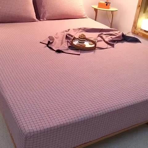 91家纺网 家纺一手货源 找家纺 柠萌家居 2023新款全棉色织水洗棉单床笠 豆沙小格