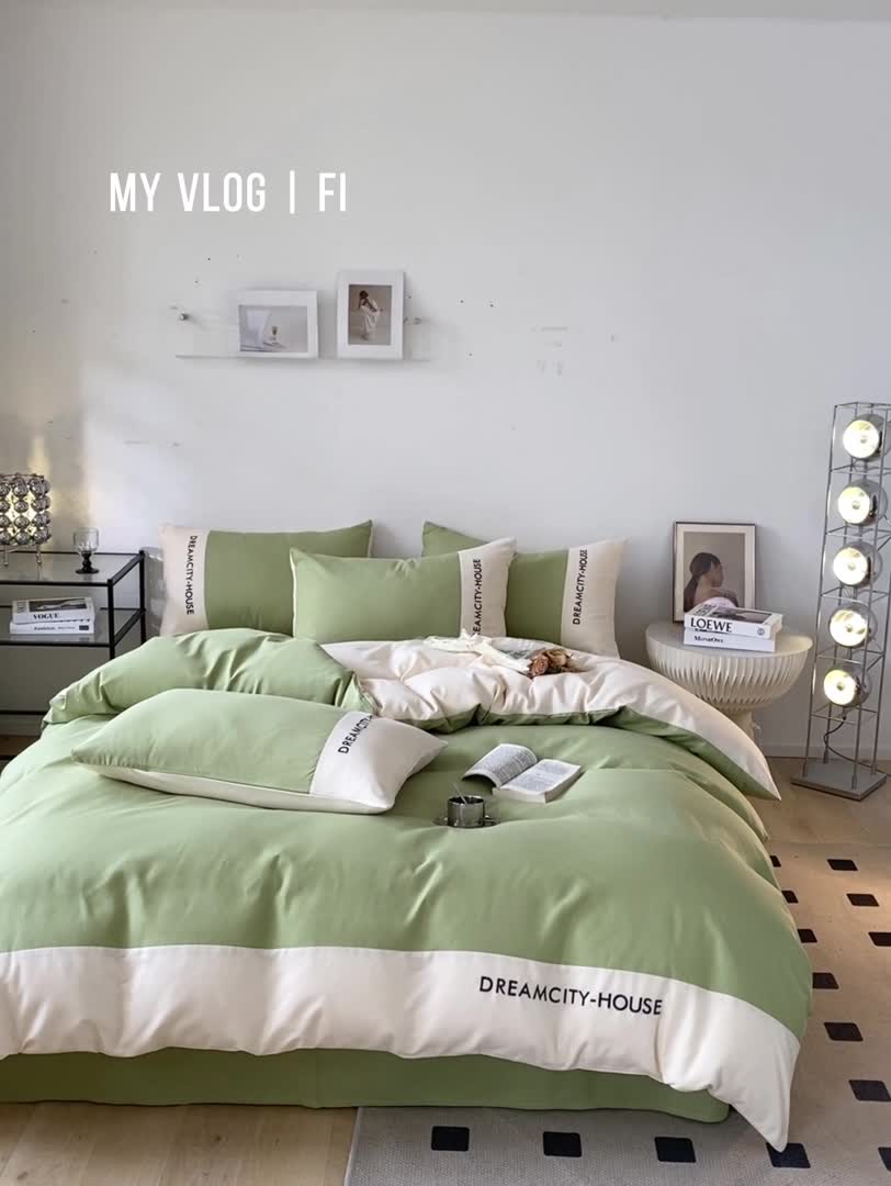 91家纺网 家纺一手货源 找家纺 盛秋家纺 2025新款思雅系列水洗磨毛双拼刺绣四件套 思雅-果绿+奶昔白