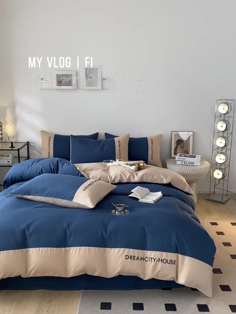 91家纺网 家纺一手货源 找家纺 盛秋家纺 2025新款思雅系列水洗磨毛双拼刺绣四件套 思雅-宾利蓝+梧桐杏