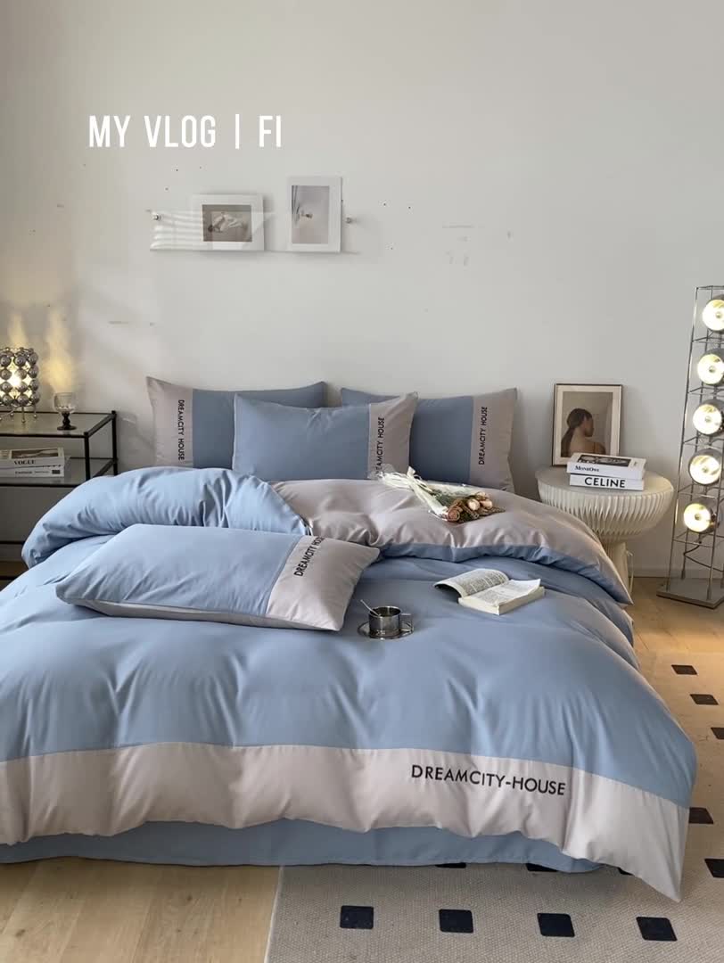 91家纺网 家纺一手货源 找家纺 盛秋家纺 2025新款思雅系列水洗磨毛双拼刺绣四件套 思雅-清+山灰