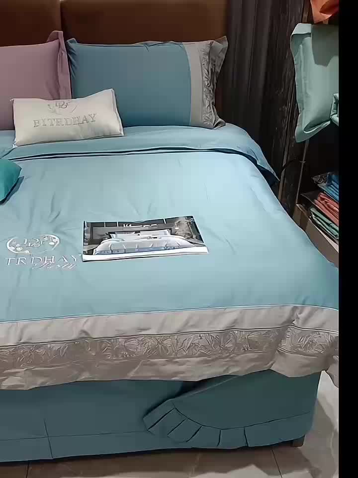 91家纺网 家纺一手货源 找家纺 （总）婚庆送礼自用高端拼接工艺180支长绒棉圆角床单款绣花四件套新品