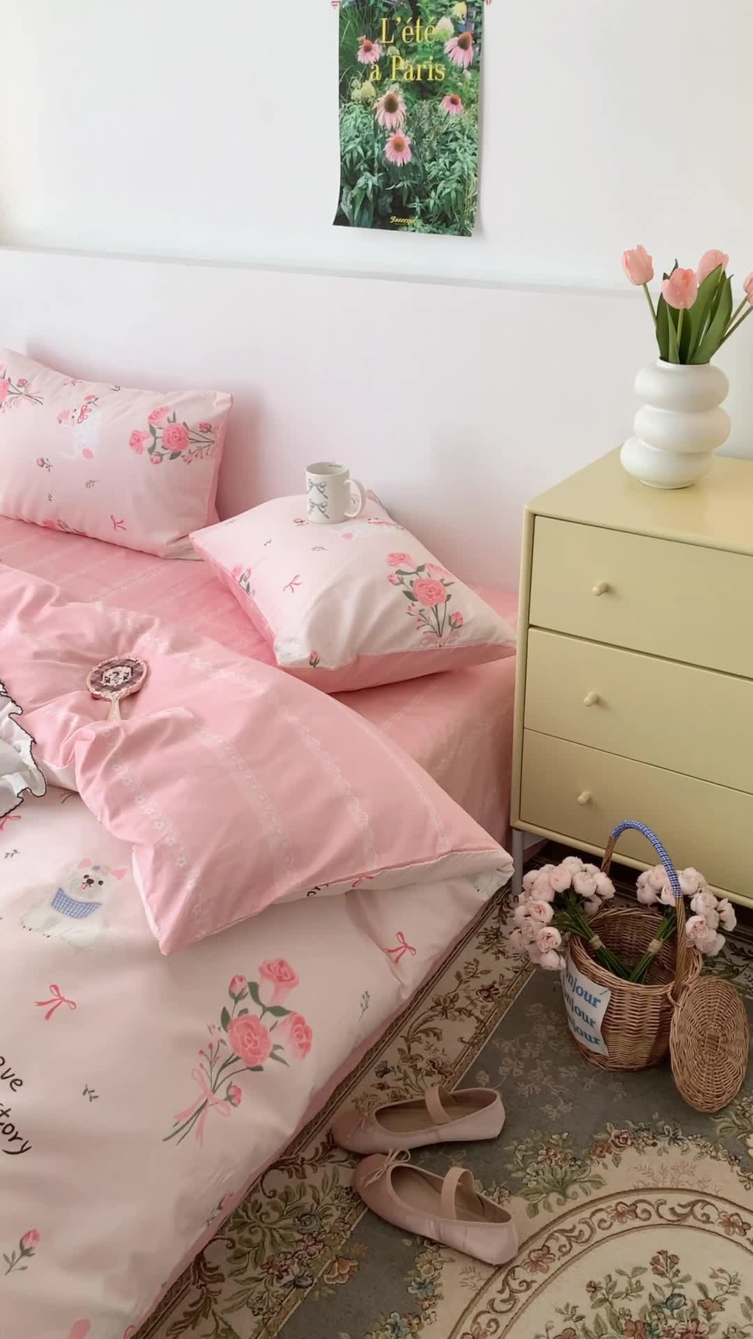 91家纺网 家纺一手货源 找家纺 昔可家纺 2023新款全棉四件套-第六批 玫瑰猫咪