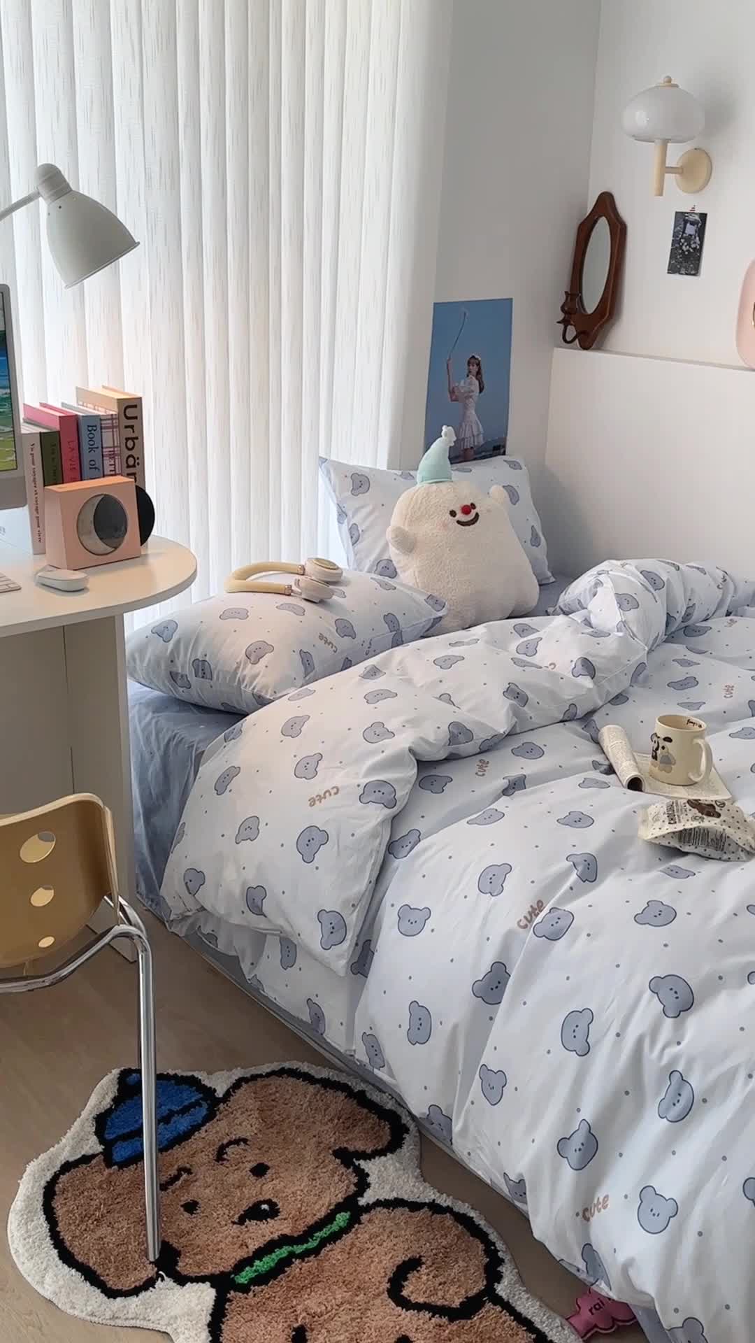 91家纺网 家纺一手货源 找家纺 昔可家纺 2023新款全棉小卡通系列四件套 小小可爱熊蓝