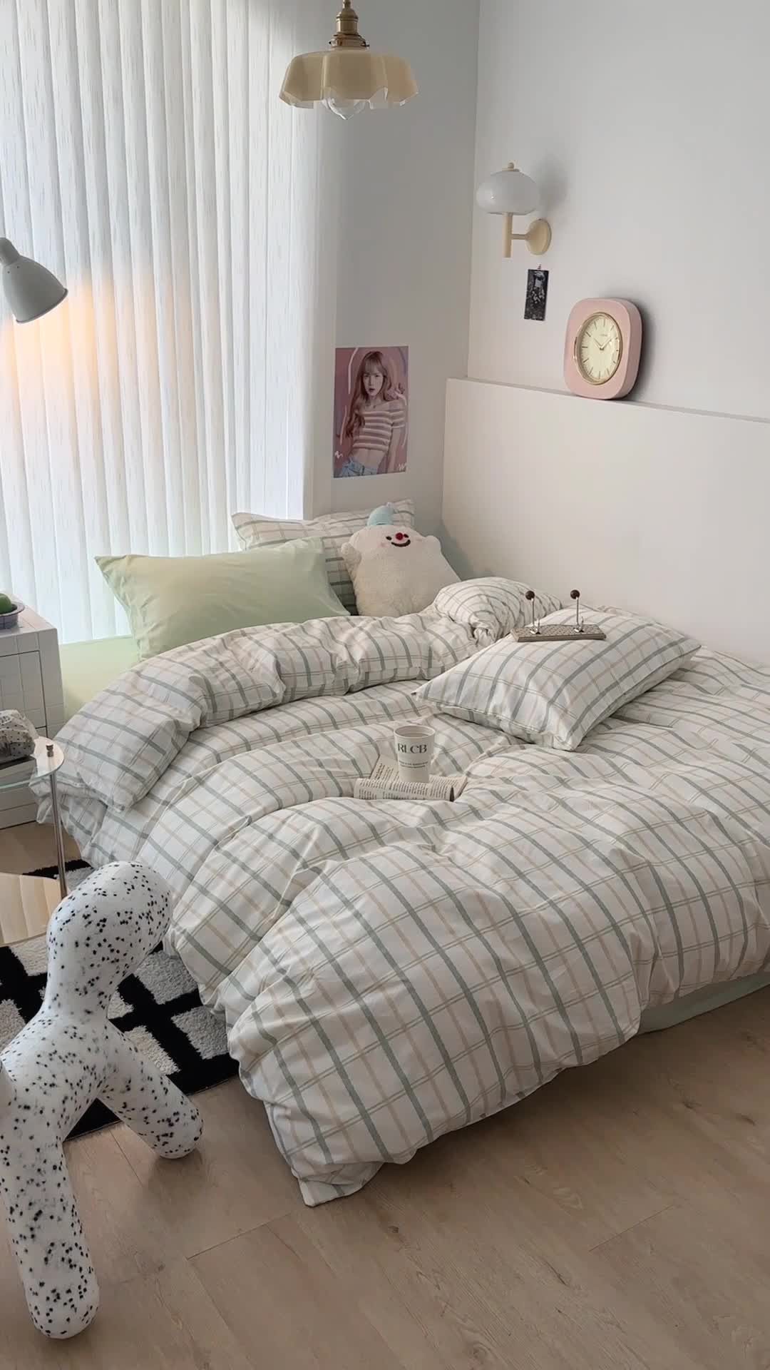 91家纺网 家纺一手货源 找家纺 昔可 2023新款全棉ins格子混搭系列四件套 开心果格