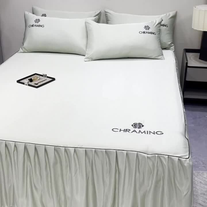 91家纺网 家纺一手货源 找家纺 笠裙 2024夏季新款 绣花款 水洗真丝天丝冰丝刺绣单床裙床罩 浅灰银