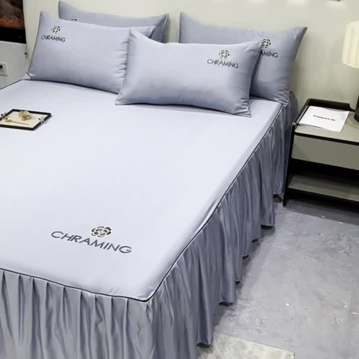 91家纺网 家纺一手货源 找家纺 笠裙 2024夏季新款 绣花款 水洗真丝天丝冰丝刺绣单床裙床罩 绅士蓝