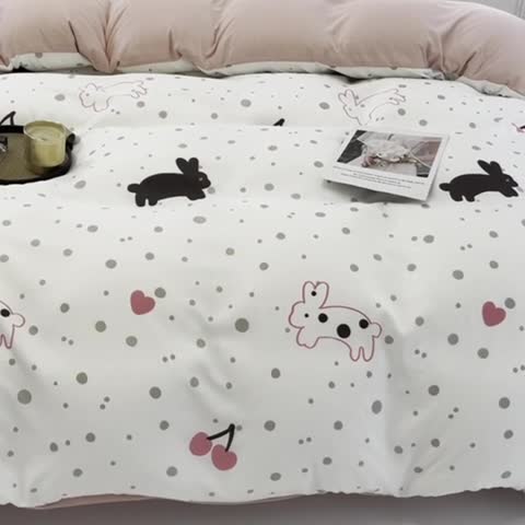 91家纺网 家纺一手货源 找家纺 仟网汇 2023新款休闲款皱皱布棉麻双层纱四件套 休闲款-敦敦兔粉