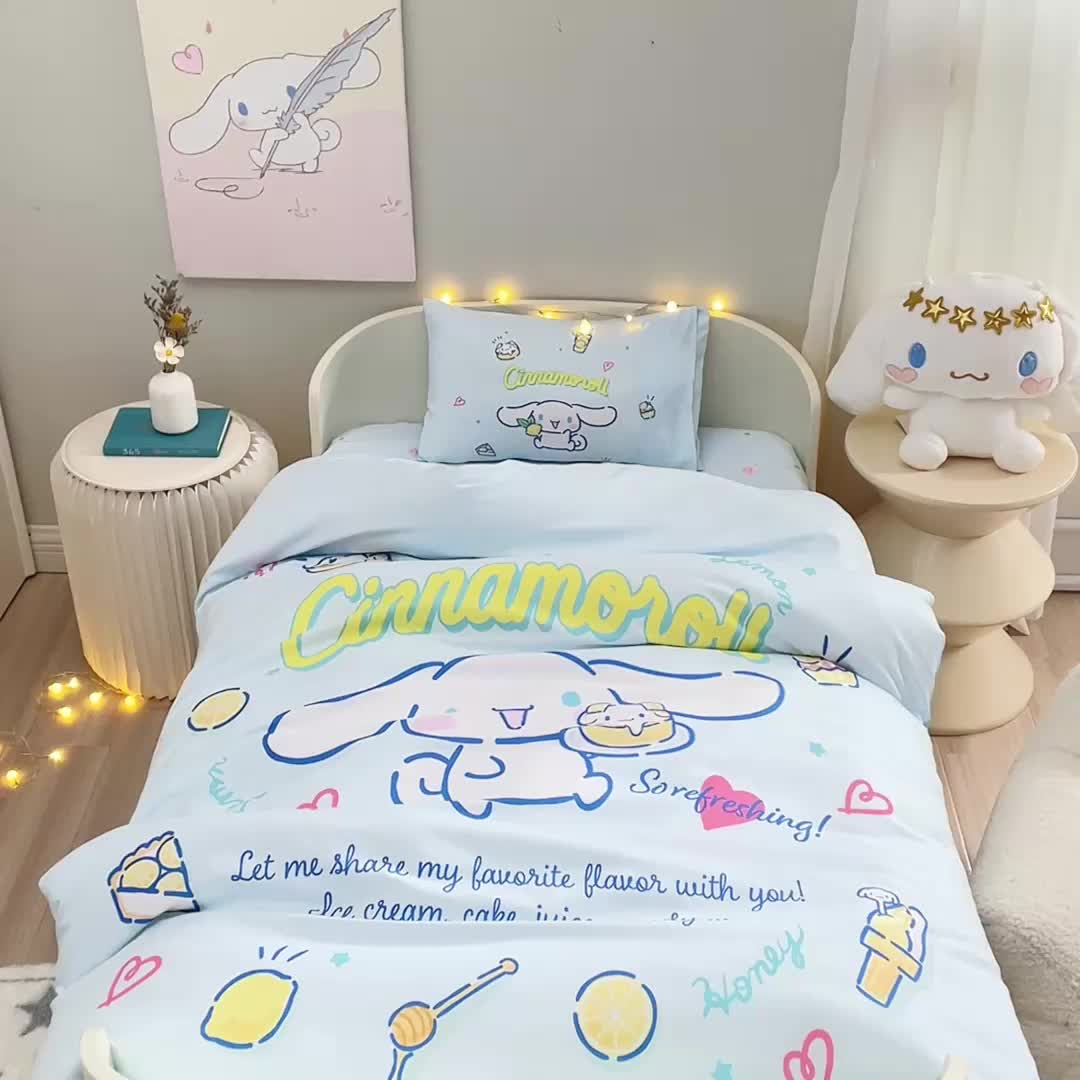 91家纺网 家纺一手货源 找家纺 蘭菲 2023新款幼儿园全棉印染三丽鸥全棉大版卡通三件套 圆宝