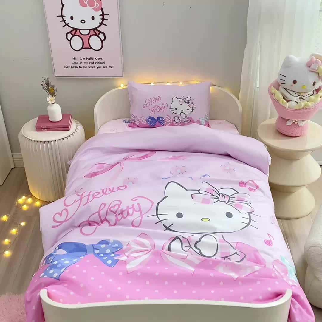 91家纺网 家纺一手货源 找家纺 蘭菲 2023新款幼儿园全棉印染三丽鸥全棉大版卡通三件套 炫彩kt