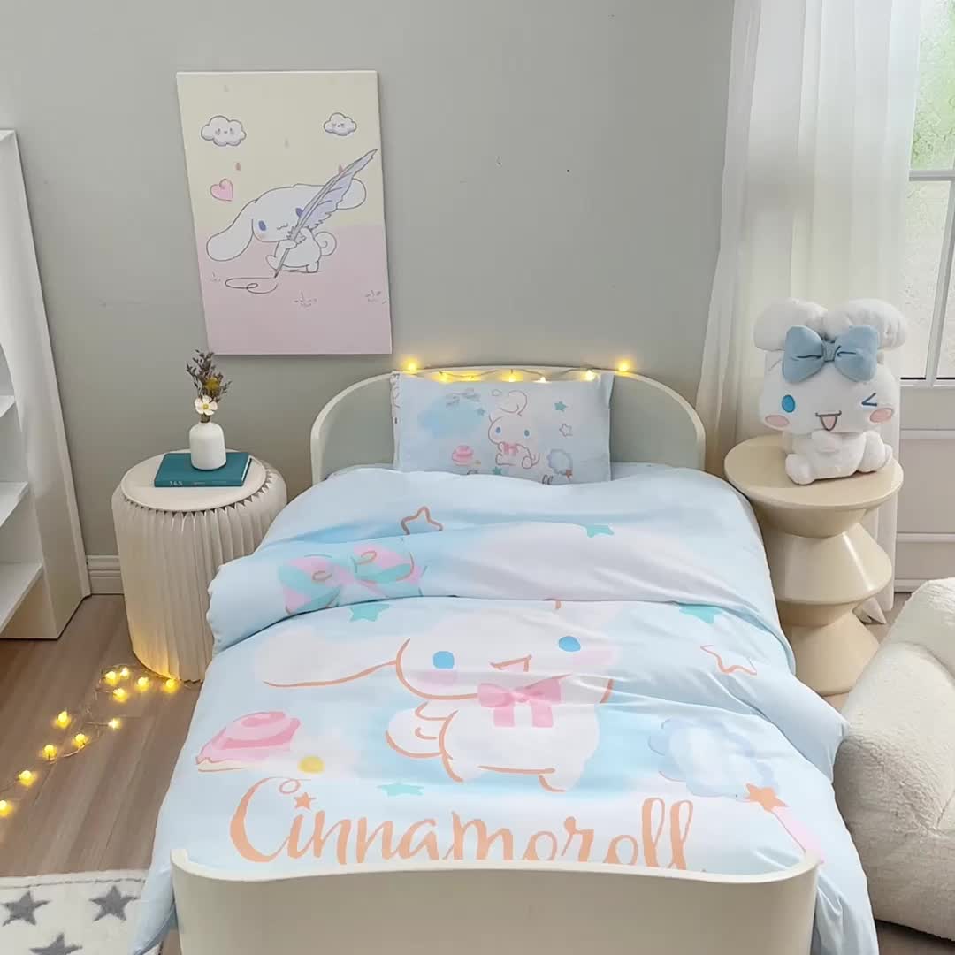 91家纺网 家纺一手货源 找家纺 蘭菲 2023新款幼儿园全棉印染三丽鸥全棉大版卡通三件套 果果