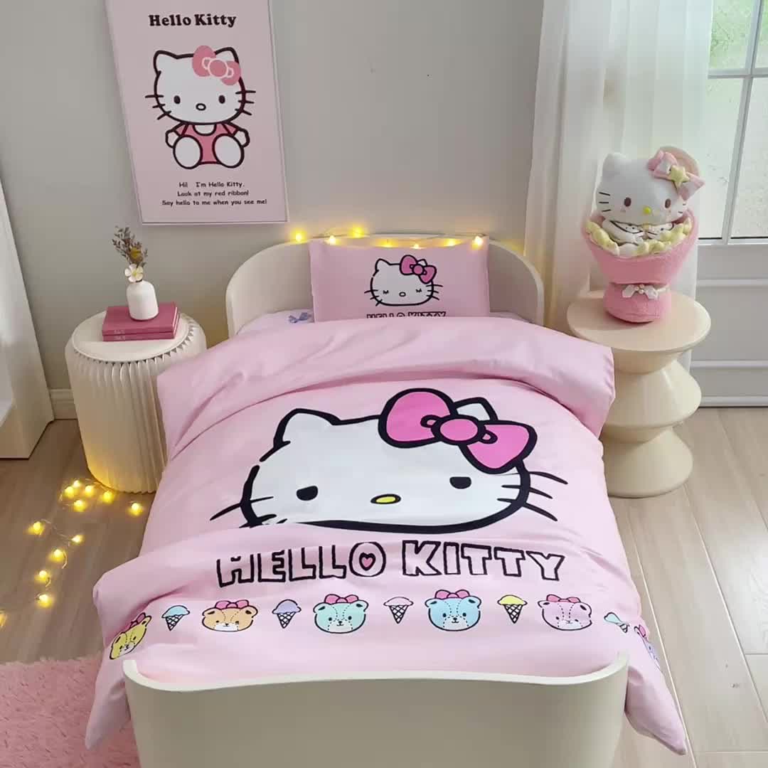 91家纺网 家纺一手货源 找家纺 蘭菲 2023新款幼儿园全棉印染三丽鸥全棉大版卡通三件套 粉系