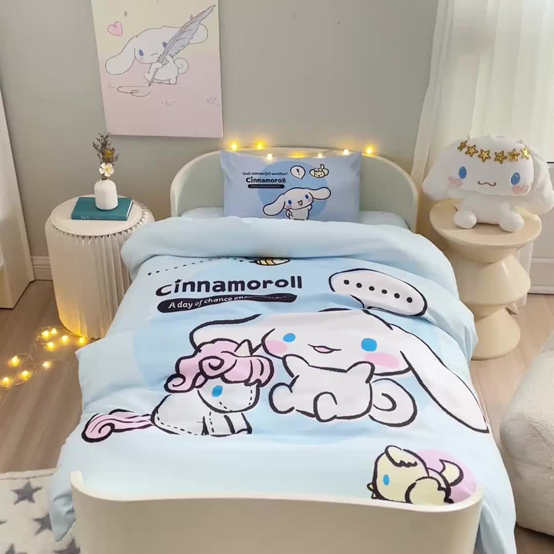 91家纺网 家纺一手货源 找家纺 蘭菲 2023新款幼儿园全棉印染三丽鸥全棉大版卡通三件套 布丁