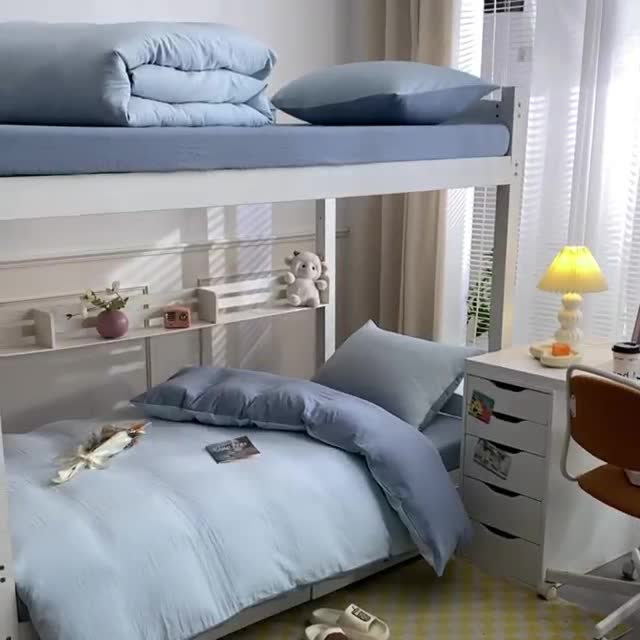 91家纺网 家纺一手货源 找家纺 古吉梦 2024新款纯色-双拼水洗棉学生三件套 纯色-天空蓝+海青