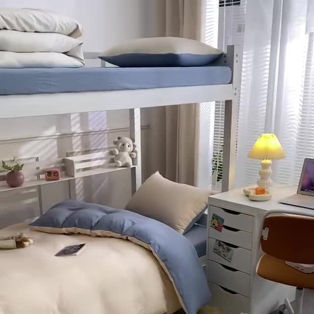 91家纺网 家纺一手货源 找家纺 古吉梦 2024新款纯色-双拼水洗棉学生三件套 纯色-奶昔白+海青