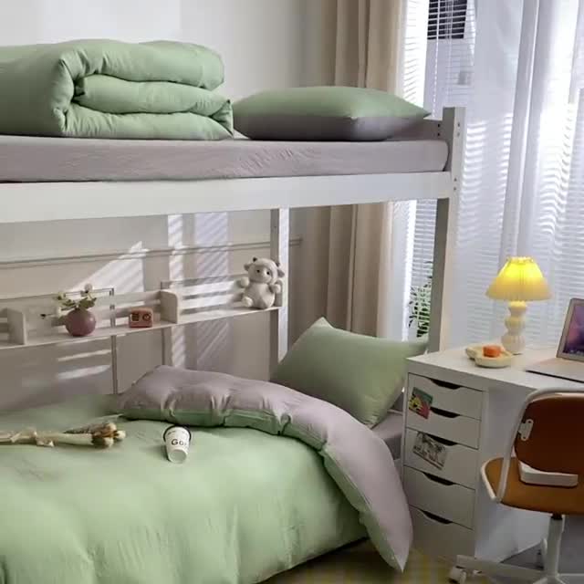 91家纺网 家纺一手货源 找家纺 古吉梦 2024新款纯色-双拼水洗棉学生三件套 纯色-灰绿+山灰