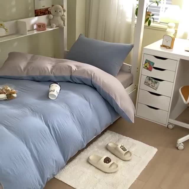 91家纺网 家纺一手货源 找家纺 古吉梦 2024新款纯色-双拼水洗棉学生三件套 纯色-海青+山灰