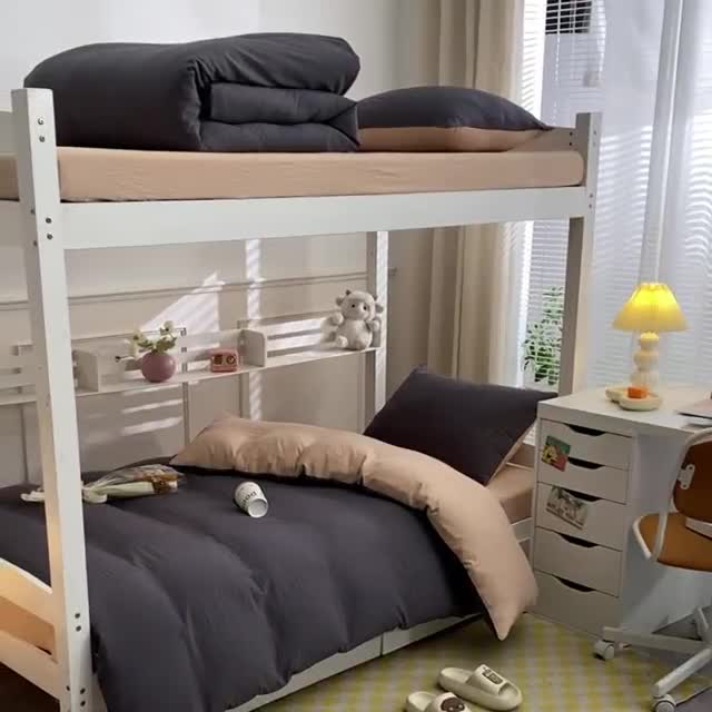 91家纺网 家纺一手货源 找家纺 古吉梦 2024新款纯色-双拼水洗棉学生三件套纯色-高级灰+奶茶