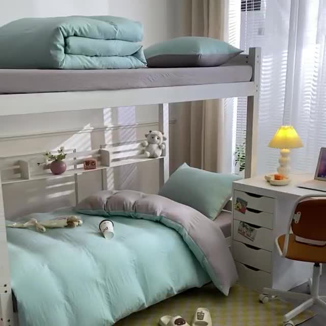 91家纺网 家纺一手货源 找家纺 古吉梦 2024新款纯色-双拼水洗棉学生三件套纯色-繁星蓝+山灰