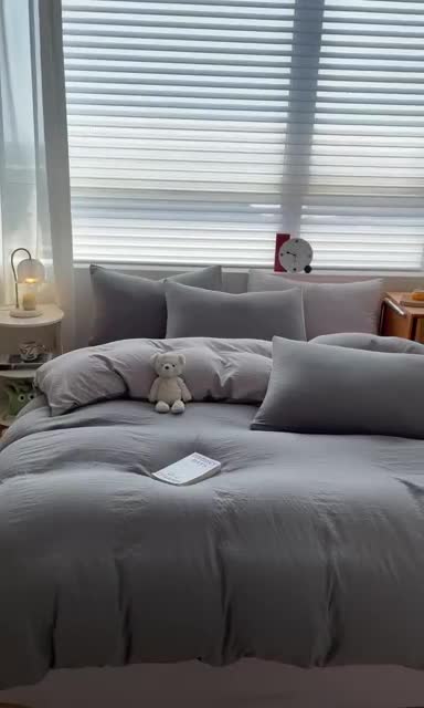 91家纺网 家纺一手货源 找家纺 古吉梦 2023新款纯色-双拼水洗棉四件套 纯色-中灰+山灰