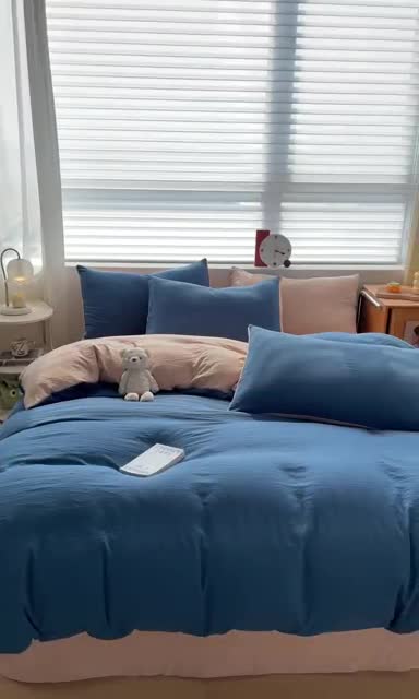 91家纺网 家纺一手货源 找家纺 古吉梦 2023新款纯色-双拼水洗棉四件套 纯色-宾利蓝+奶茶