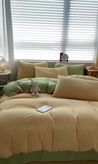91家纺网 家纺一手货源 找家纺 古吉梦 2023新款纯色-双拼水洗棉四件套 纯色-初黄+果绿