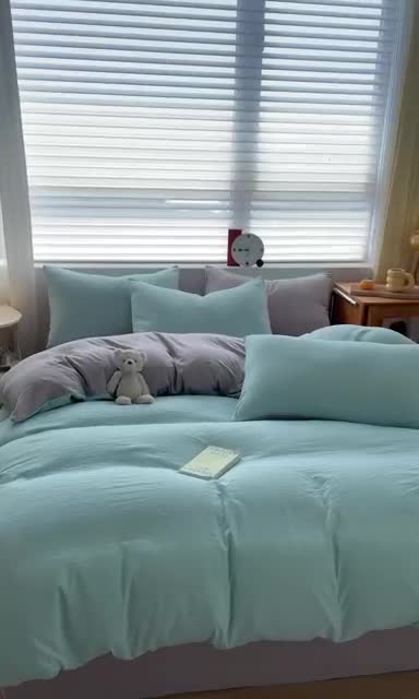 91家纺网 家纺一手货源 找家纺 古吉梦 2023新款纯色-双拼水洗棉四件套 纯色-繁星蓝+山灰