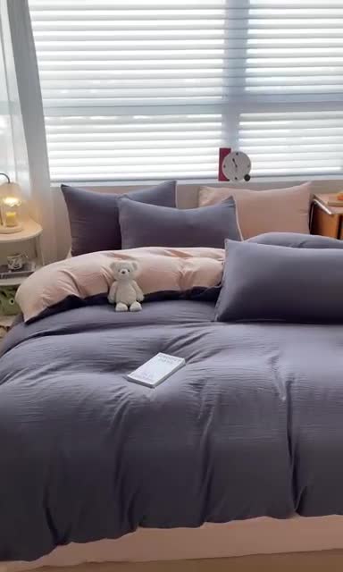 91家纺网 家纺一手货源 找家纺 古吉梦 2023新款纯色-双拼水洗棉四件套 纯色-高级灰+奶茶