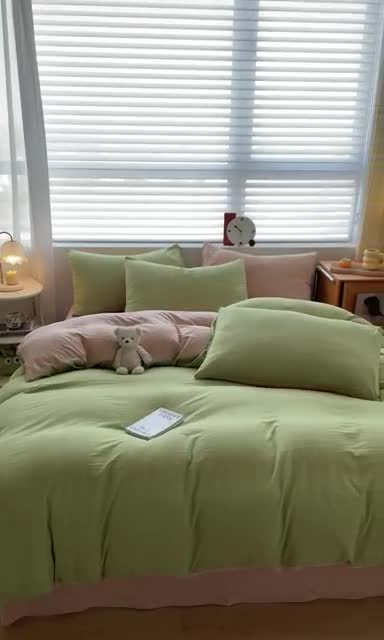 91家纺网 家纺一手货源 找家纺 古吉梦 2023新款纯色-双拼水洗棉四件套 纯色-果绿+奶茶