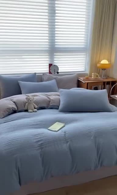 91家纺网 家纺一手货源 找家纺 古吉梦 2023新款纯色-双拼水洗棉四件套 纯色-海青+山灰