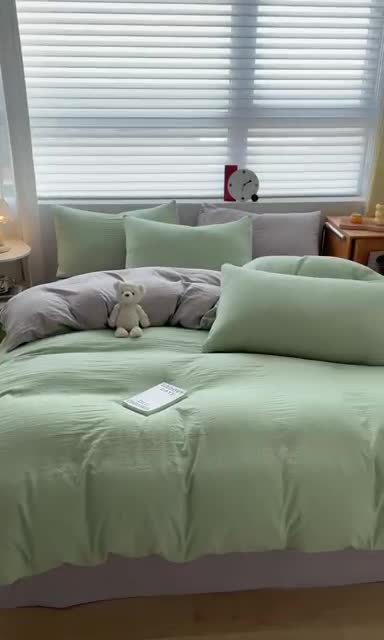 91家纺网 家纺一手货源 找家纺 古吉梦 2023新款纯色-双拼水洗棉四件套 纯色-灰绿+山灰