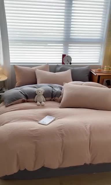 91家纺网 家纺一手货源 找家纺 古吉梦 2023新款纯色-双拼水洗棉四件套 纯色-奶茶+中灰