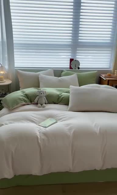 91家纺网 家纺一手货源 找家纺 古吉梦 2023新款纯色-双拼水洗棉四件套 纯色-奶昔白+果绿