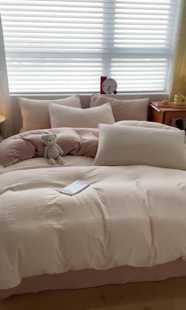 91家纺网 家纺一手货源 找家纺 古吉梦 2023新款纯色-双拼水洗棉四件套 纯色-奶昔白+奶茶