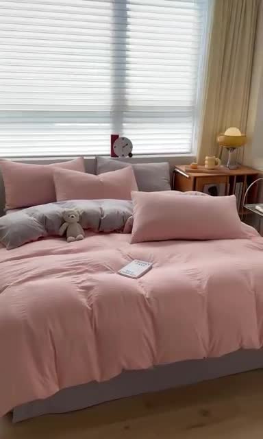 91家纺网 家纺一手货源 找家纺 古吉梦 2023新款纯色-双拼水洗棉四件套 纯色-奶油粉+山灰