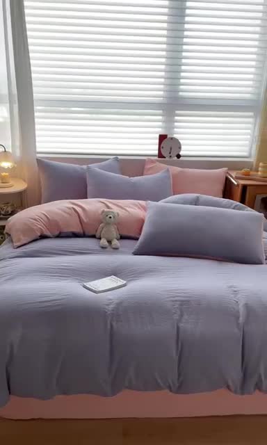 91家纺网 家纺一手货源 找家纺 古吉梦 2023新款纯色-双拼水洗棉四件套 纯色-星黛紫+奶油粉