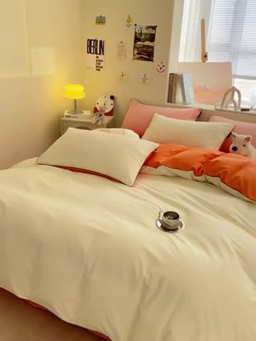 91家纺网 家纺一手货源 找家纺 眠帛家居 2023新款A类芝士系列水洗棉麻绳滚边四件套 芝士奶昔白焦糖