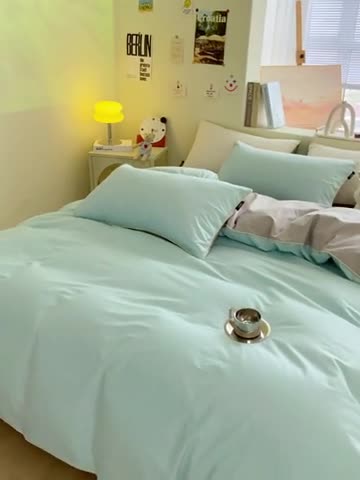 91家纺网 家纺一手货源 找家纺 眠帛家居 2023新款A类芝士系列水洗棉麻绳滚边四件套 芝士繁星蓝灰