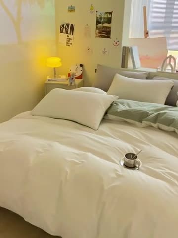 91家纺网 家纺一手货源 找家纺 眠帛家居 2023新款A类芝士系列水洗棉麻绳滚边四件套 芝士奶昔白果绿