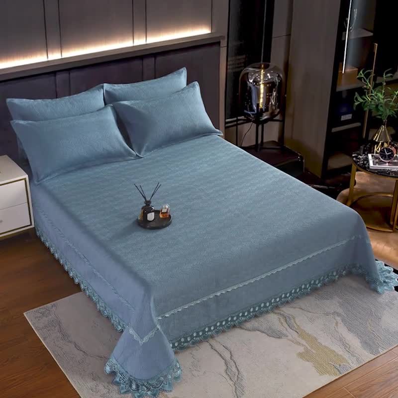 91家纺网 家纺一手货源 找家纺 OL家纺 2023新款全棉水溶花边素色床盖夹棉三件套 藏青