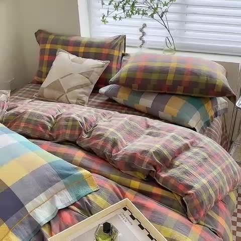 91家纺网 家纺一手货源 找家纺 三沁 2023新款直播纯棉被套四件套全棉色织水洗棉床单式格子简约彩格灰