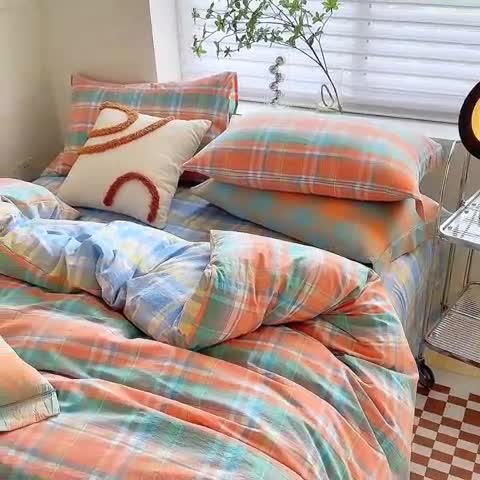 91家纺网 家纺一手货源 找家纺 三沁 2023新款直播纯棉四件套全棉色织水洗棉床单式格子简约被罩花影