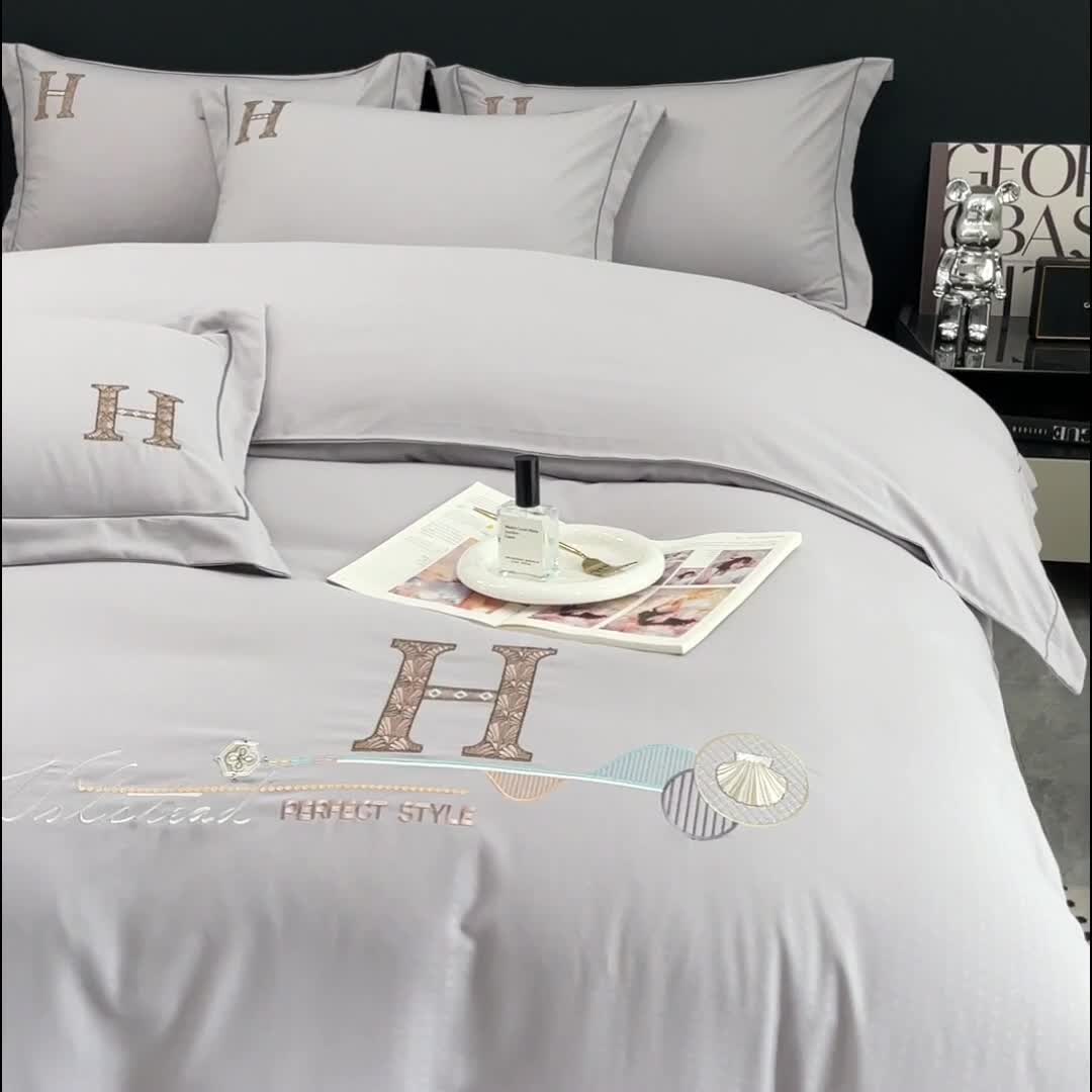 91家纺网 家纺一手货源 找家纺 金米诺 2024新款锦棉提花四件套刺绣系列-欧曼 欧曼-灰色