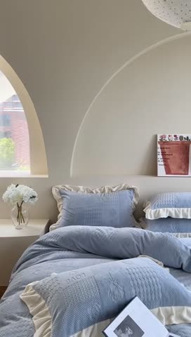 91家纺网 家纺一手货源 找家纺 萝莉家纺 2023新款公主风加厚牛奶绒立体压花四件套 玫瑰花蓝